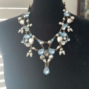 Necklace - beautiful blue. White  and clear glass with gold tone links